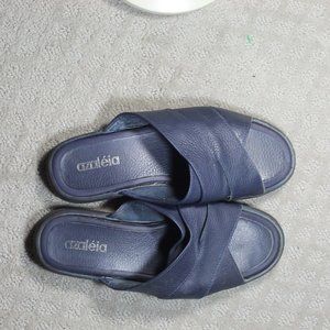 Azaleia Size 7 Navy Blue Wide Crossed Strap Leather Slip On Sandals